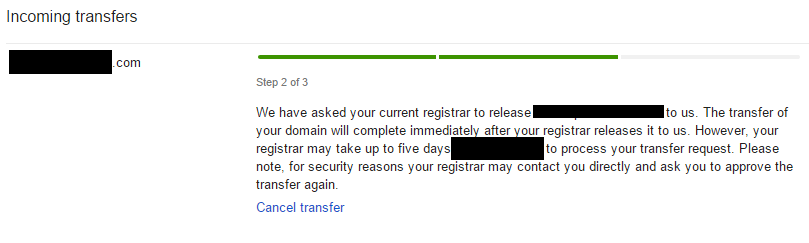Google Domains Incoming Transfer List