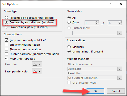 PowerPoint Slide Show Setup Box