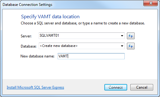VAMT Database Connection Screenshot