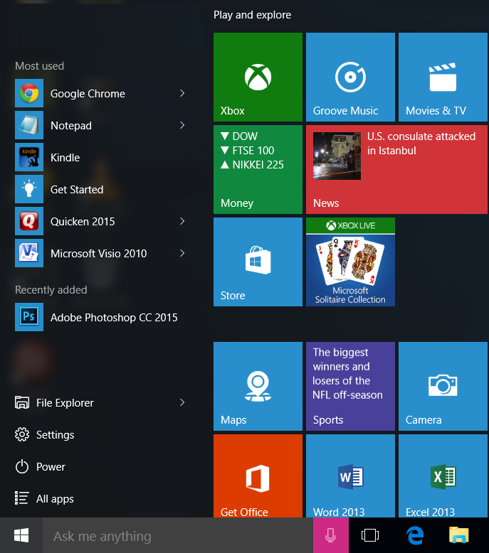 Windows 10 Desktop Start Menu