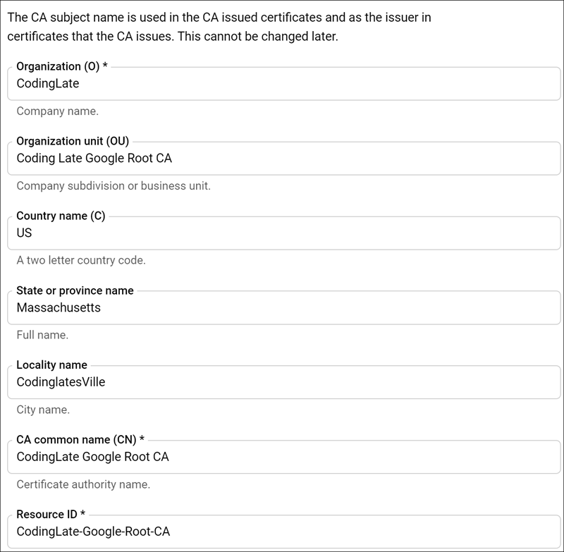 Google Root CA Subject Information