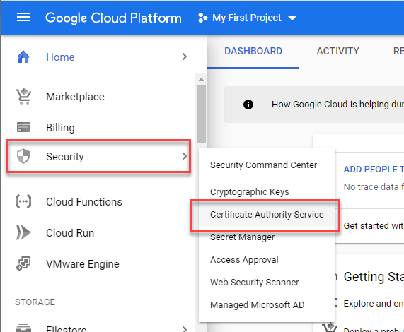 Google Cloud Platform Security Menu