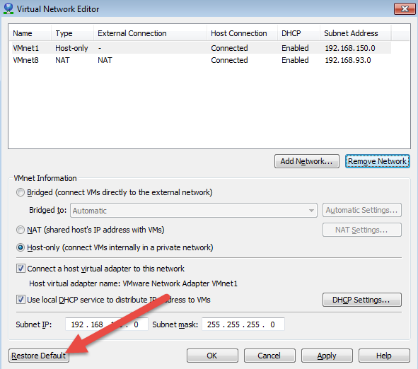 vmware vne restore defaults